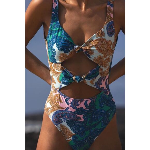 NWT Lulus Bolonia Blue Multi Paisley Cutout One-Piece Swimsuit XS - Picture 4 of 4